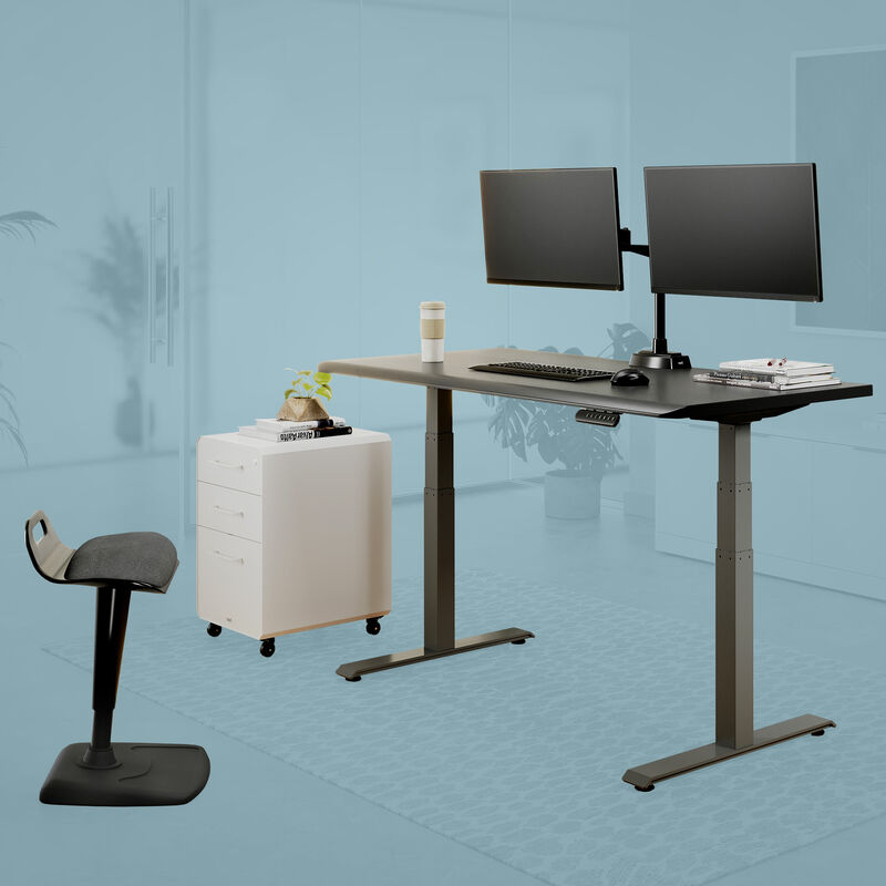 Posture perfect bundle includes an electric standing desk a dual monitor arm a file cabinet and active seat  image number null