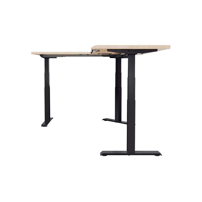 side view of an L-shape electric standing desk with a light wood finish top and black legs image number 2