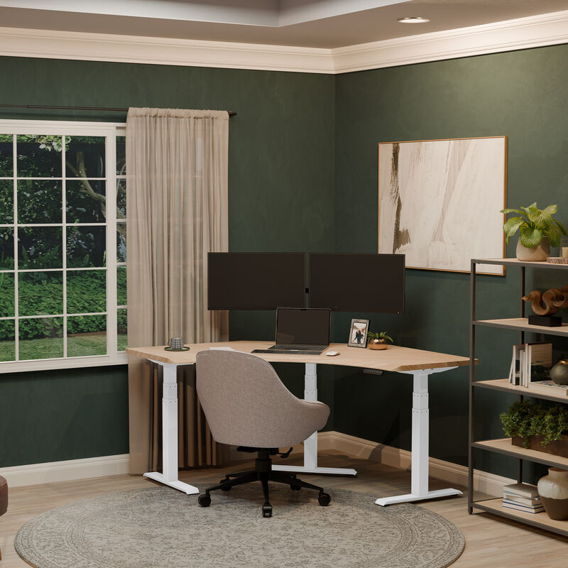 command center electric standing desk with a light wood desktop and white legs in a lowered position  image number null