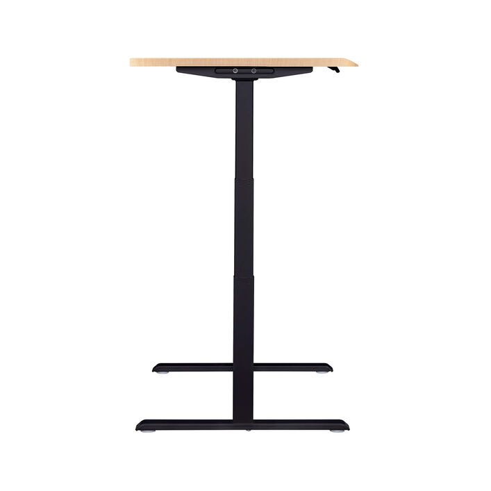 side view of an electric standing desk with a light wood finish top and black legs image number 2