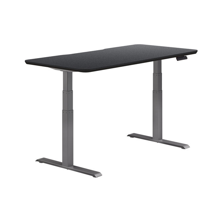 isolated image of a electric standing desk with a black finish top and slate legs image number 1