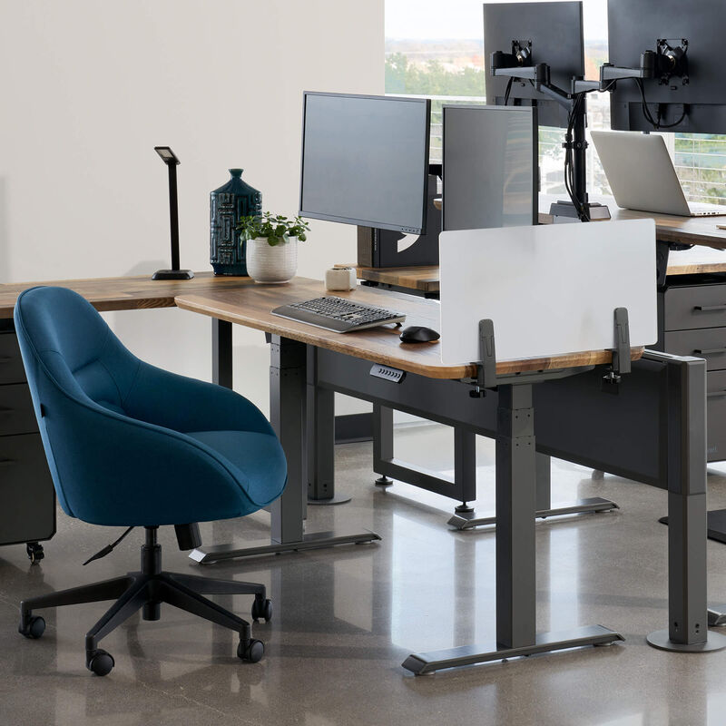 Vari Acrylic Privacy Panel 24 in Frosted Acrylic installed on an electric standing desk in an office setting  image number null