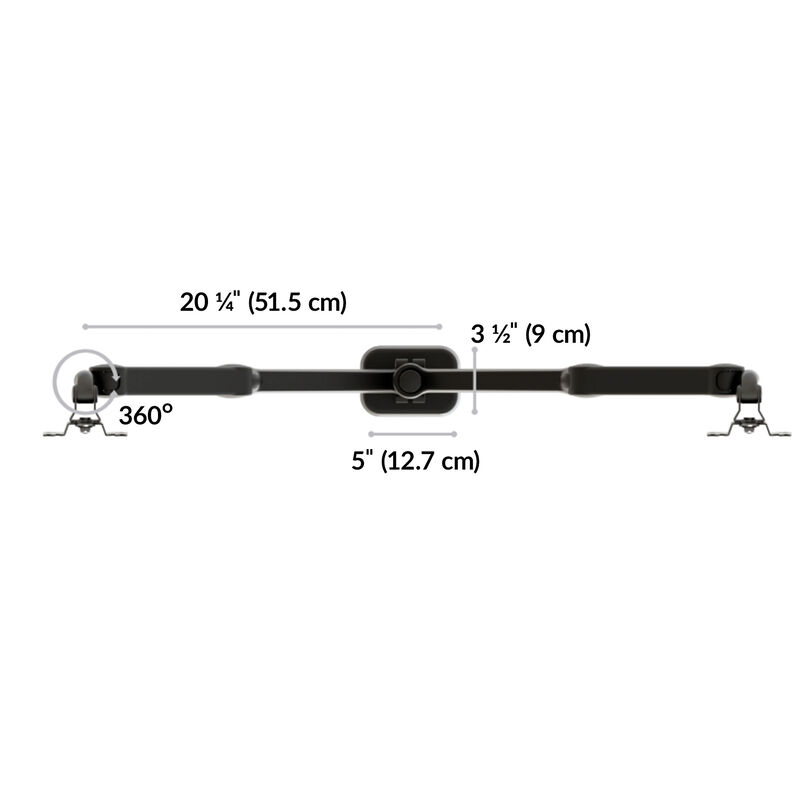 overhead view of the dual monitor arm from one end of the arm to the post is twenty and one quarter inches long image number null