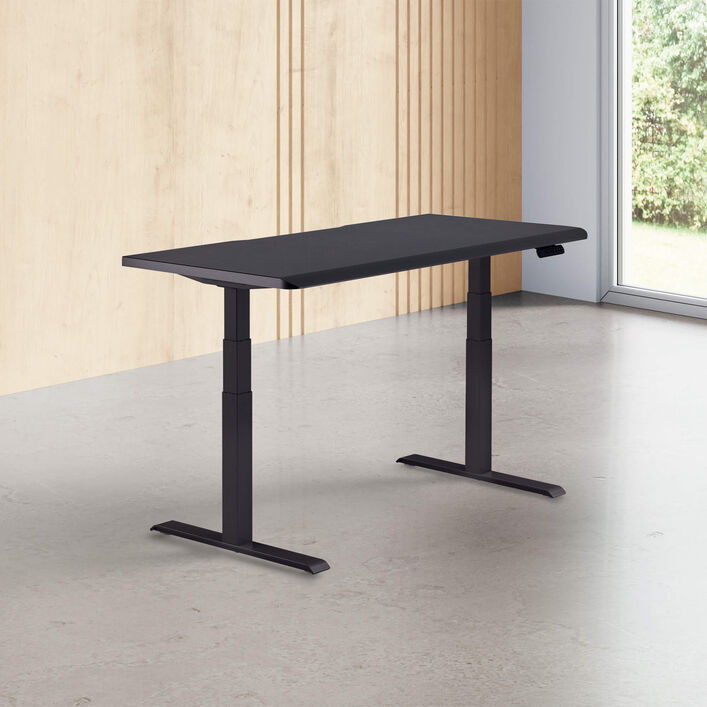 black finish standing desk top with black legs in a open office image number 0