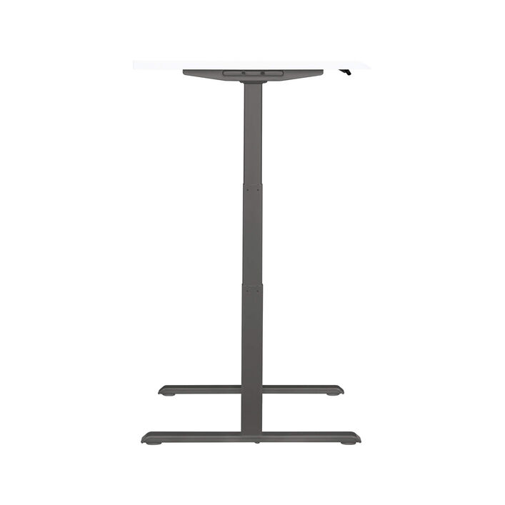 side view of an electric standing desk with a white finish top and slate legs image number 2
