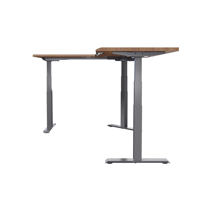 side view of an L-shape electric standing desk with a walnut finish top and slate legs image number 2