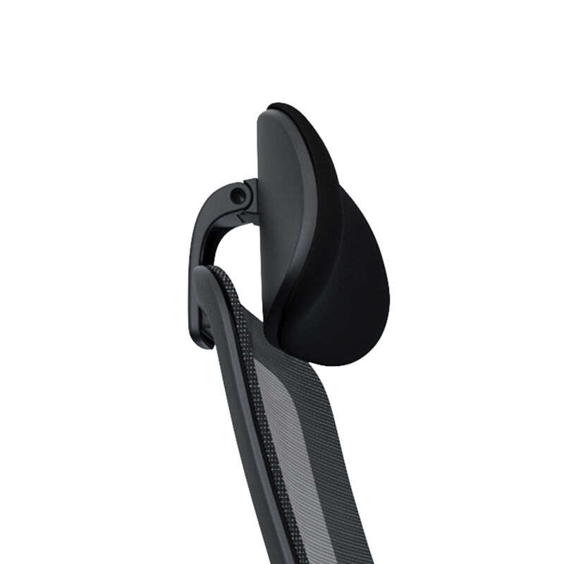 Close-up product image of the black headrest and its adjustable mounting arm attached to the mesh backrest, isolated on a white background. image number null