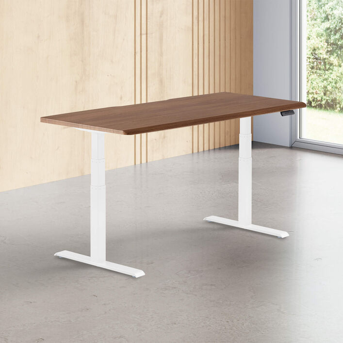 walnut finish with white legs standing desk top with silver legs in a open office image number 0