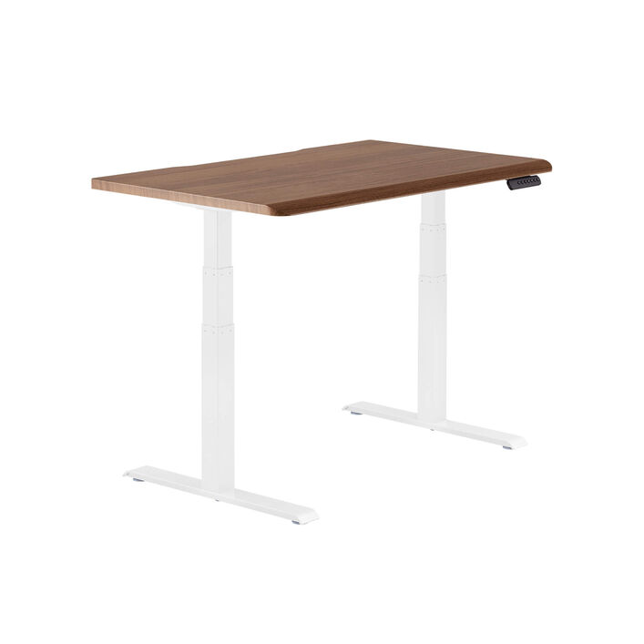 isolated image of a electric standing desk with a walnut finish top and white legs image number 1