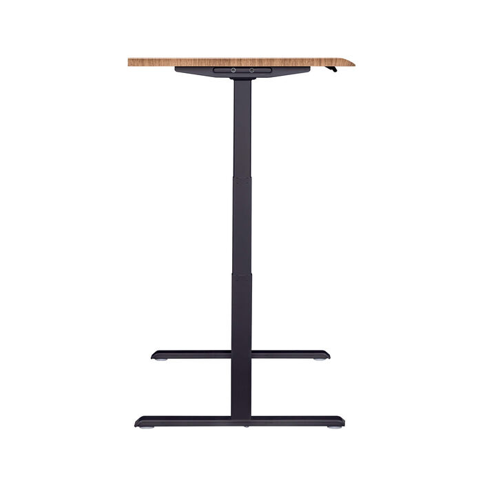 side view of an electric standing desk with a walnut finish top and black legs image number 2