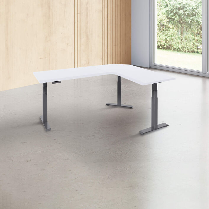 L-shape desk with a white finish desk top with slate legs in a open office image number 0