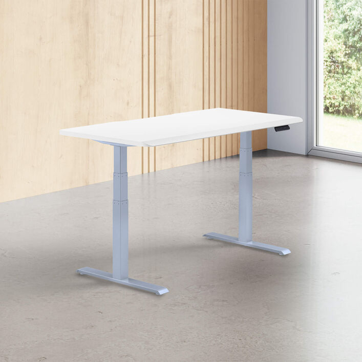 white finish standing desk top with silver legs in a open office image number 0