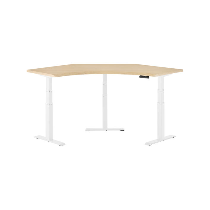 isolated image of a electric standing desk with a light wood finish top and white finish legs image number 1