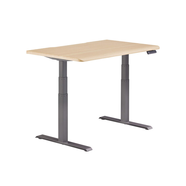 isolated image of a electric standing desk with a light wood finish top and slate legs image number 1