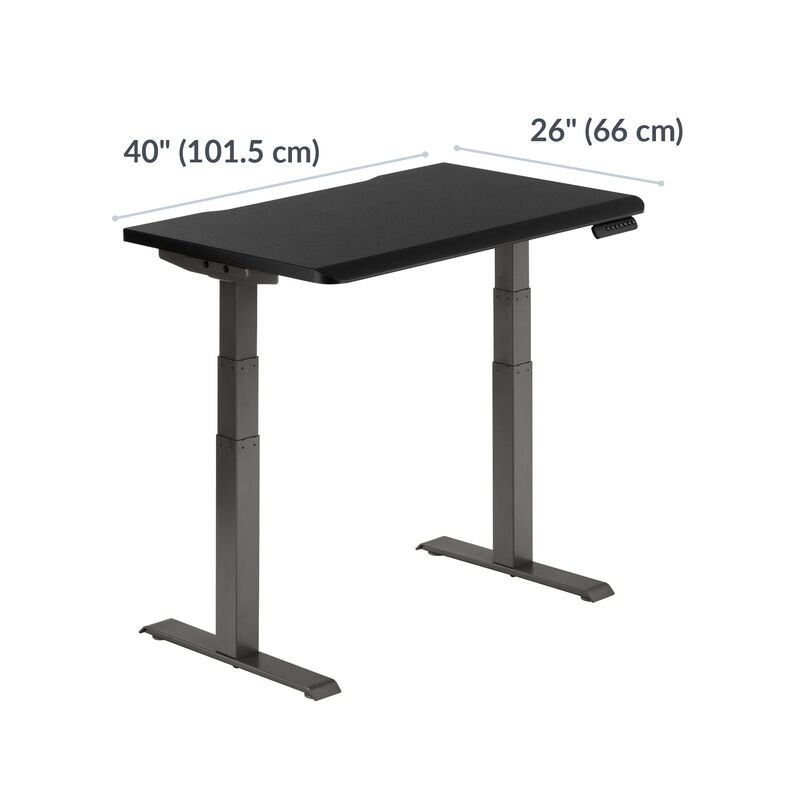 Black standing desk with labeled dimensions: 40&rdquo; (101.5 cm) wide, 26&rdquo; (66 cm) deep image number null