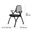 Nesting training chair is 34 inches tall. Between leg width is 21 and a half inches and between leg length is 22 inches