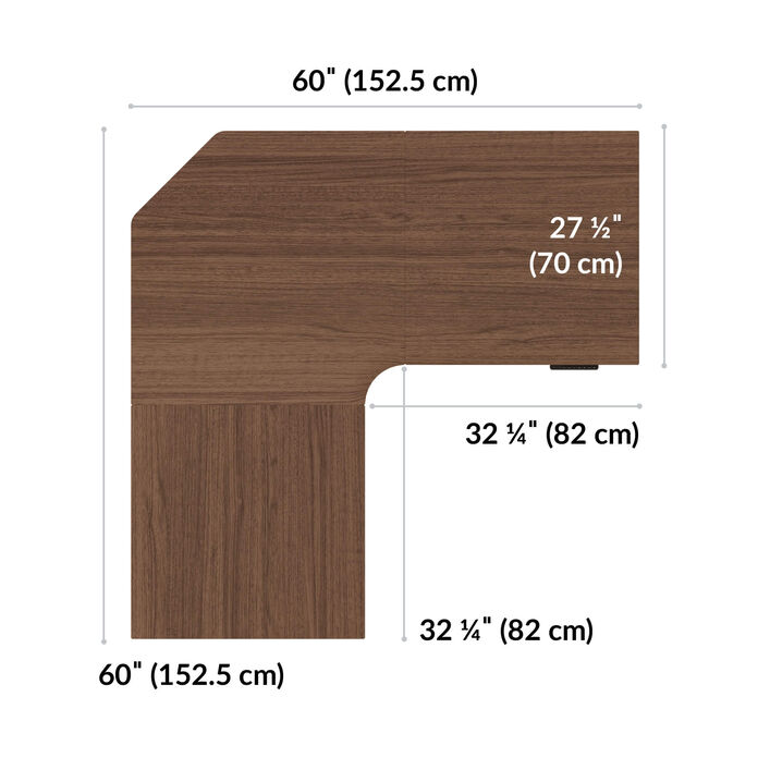 overhead image of a walnut l shape electric standing desk that is sixty inches wide and sixty inches long image number 3