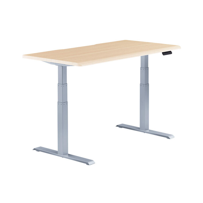 isolated image of a electric standing desk with a light wood finish top and silver legs image number 1