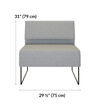 light grey armless seat is 31 inches tall and 29 and a half inches wide