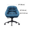 upholstered desk chair in azure blue seat back is 19 inches wide and 18 inches tall. Seat is 26 and a quarter inches wide