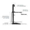 varidesk electric dual monitor converter in black has a desktop minimum depth of 9.25 inches and a desktop maximum depth of 18 inches with a keyboard tray depth of 9.5 inches and a desktop indentation minimum width of 16.25 inches