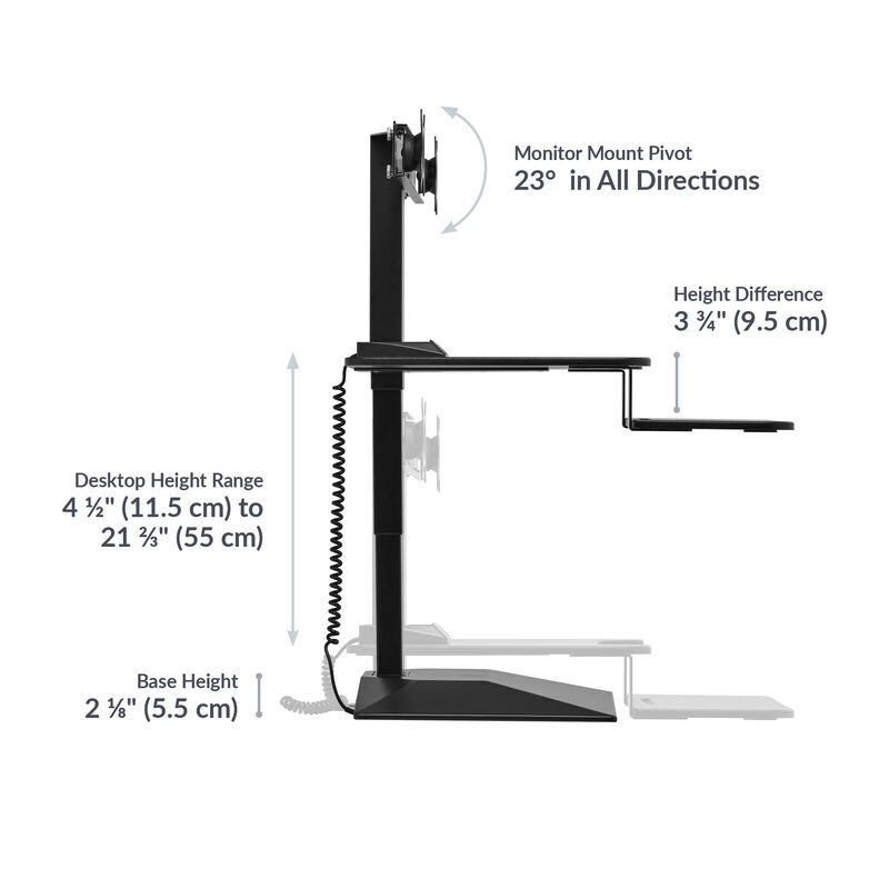 varidesk electric dual monitor converter in black has a desktop minimum depth of 9.25 inches and a desktop maximum depth of 18 inches with a keyboard tray depth of 9.5 inches and a desktop indentation minimum width of 16.25 inches image number null