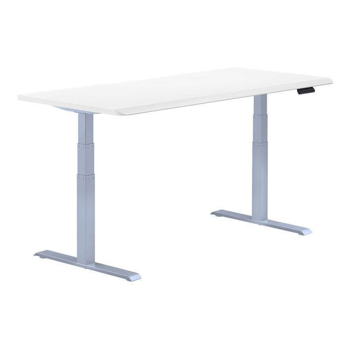 isolated image of a electric standing desk with a white finish top and silver legs image number 1