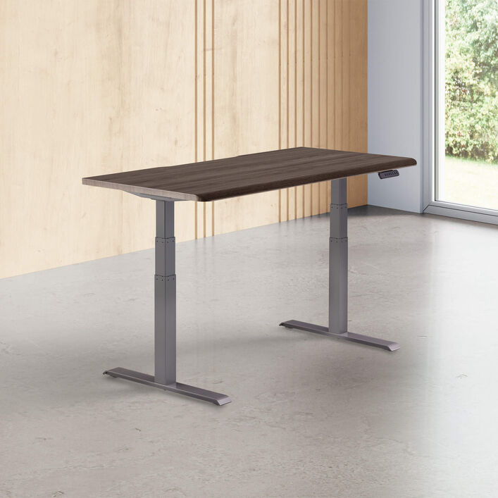 espresso wood finish standing desk top with slate legs in a open office image number 0