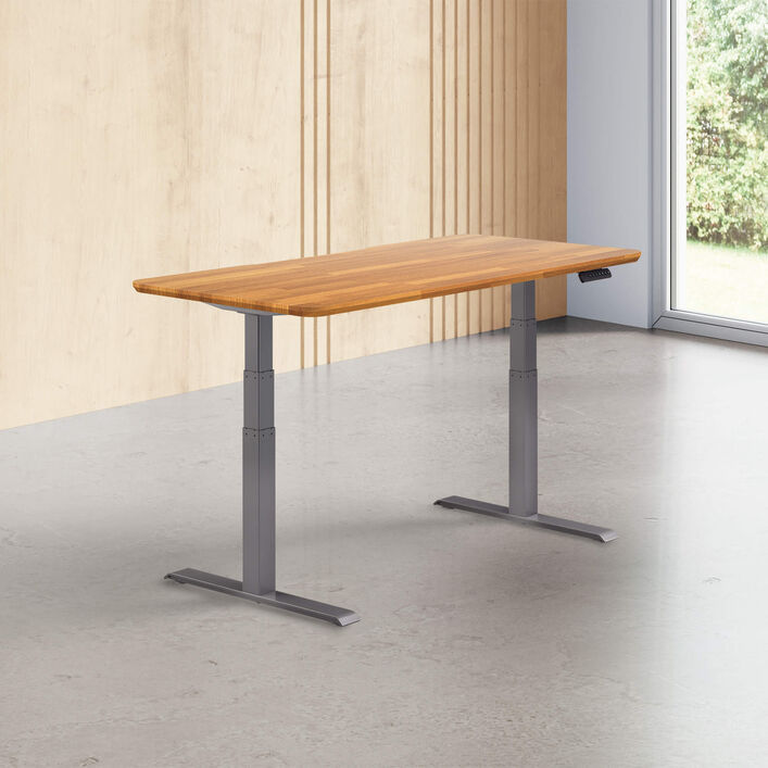 butcher block finish standing desk top with slate legs in a open office image number 0