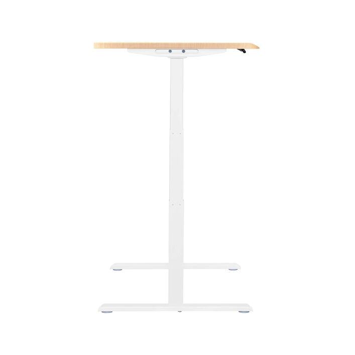 side view of an electric standing desk with a light wood finish top and white legs image number 2