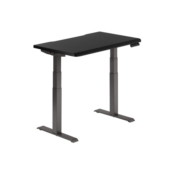 isolated image of a electric standing desk with a black top and slate legs image number 1