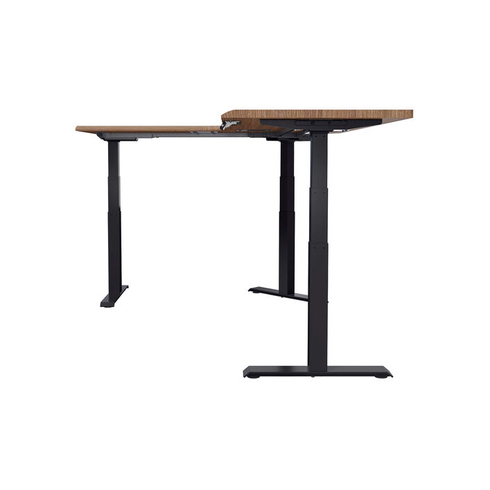 side view of an L-shape electric standing desk with a walnut finish top and black legs image number 2