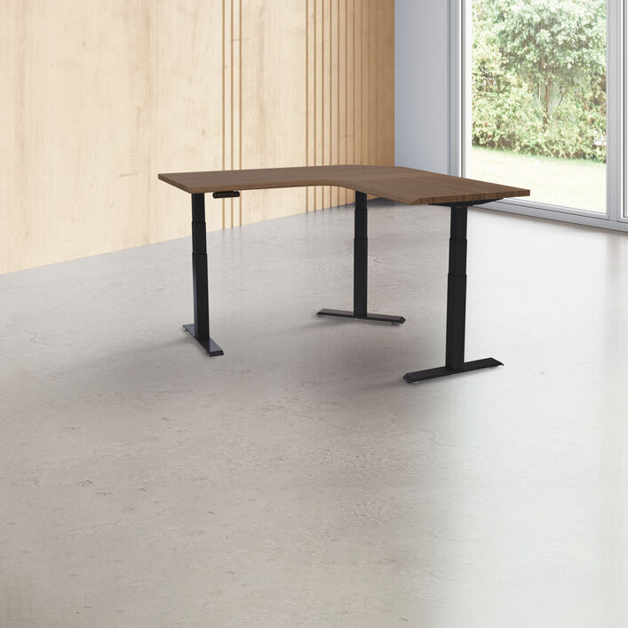 walnut l shape electric standing desk in an open office image number 0