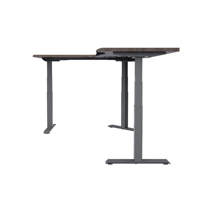 side view of an L-shape electric standing desk with a espresso wood finish top and slate legs image number 2