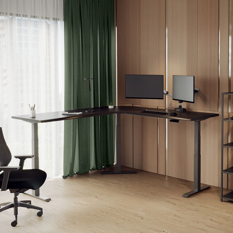 raised l shape desk in black in an at home office setting  image number null