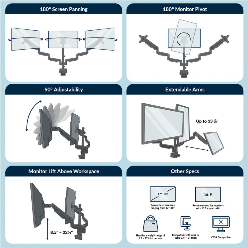 overview of different adjustable monitor displays on the triple monitor arm image number null