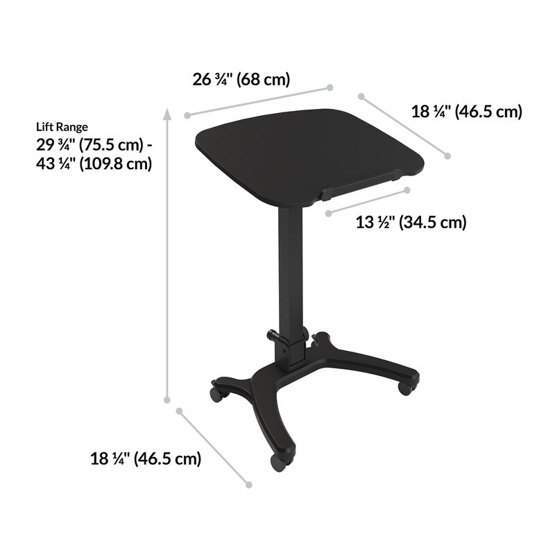 Product dimension diagram on a white background showing a tabletop width of twenty-six and three-quarter inches (sixty-eight centimeters), a tabletop depth of eighteen and one-quarter inches (forty-six point five centimeters), a base depth of thirteen and one-half inches (thirty-four point five centimeters), a base width of eighteen and one-quarter inches (forty-six point five centimeters), and a lift range of twenty-nine and three-quarter inches (seventy-five point five centimeters) to forty-three and one-quarter inches (one hundred nine point eight centimeters). image number null