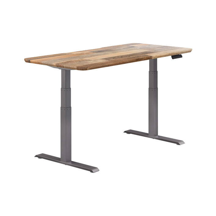 isolated image of a electric standing desk with a reclaimed wood finish top and slate legs image number 1