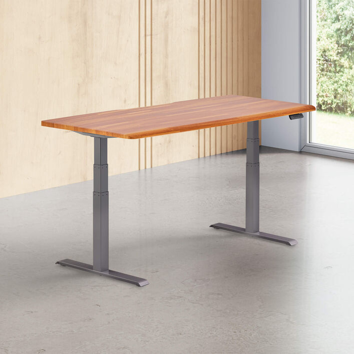 butcher block finish standing desk top with slate legs in a open office image number 0