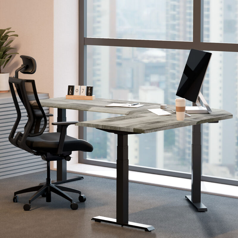 driftwood electric standing desktop with black legs in an office setting in a lowered position image number null