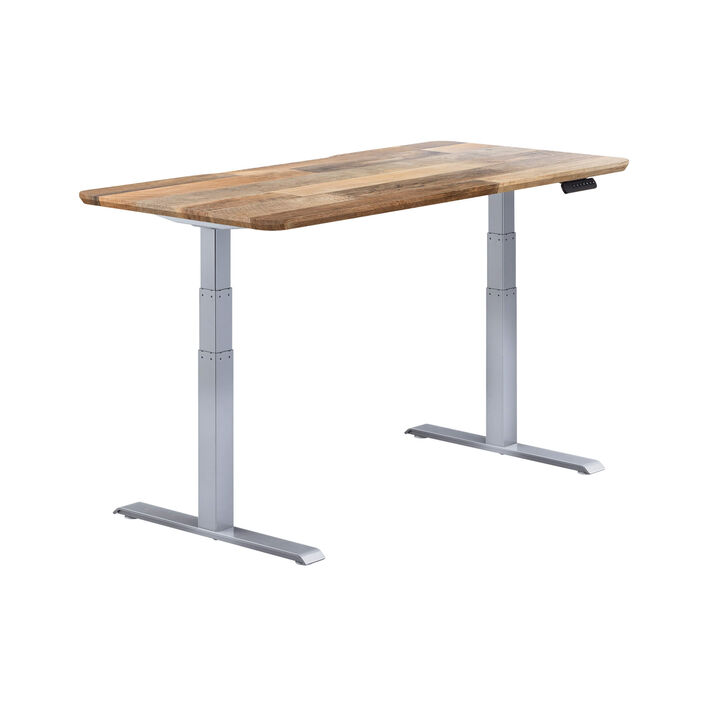 isolated image of a electric standing desk with a reclaimed wood top and silver legs image number 1