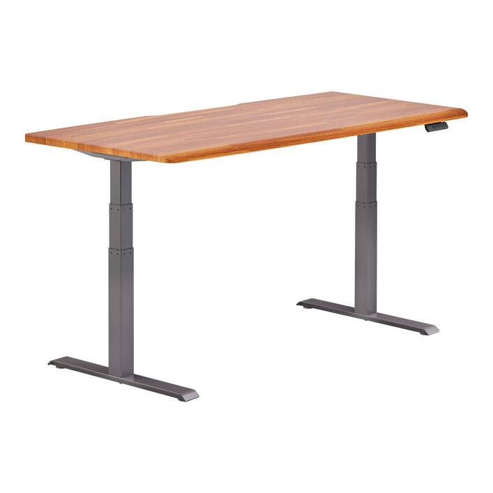 isolated image of a electric standing desk with a butcher block finish top and slate legs image number 1