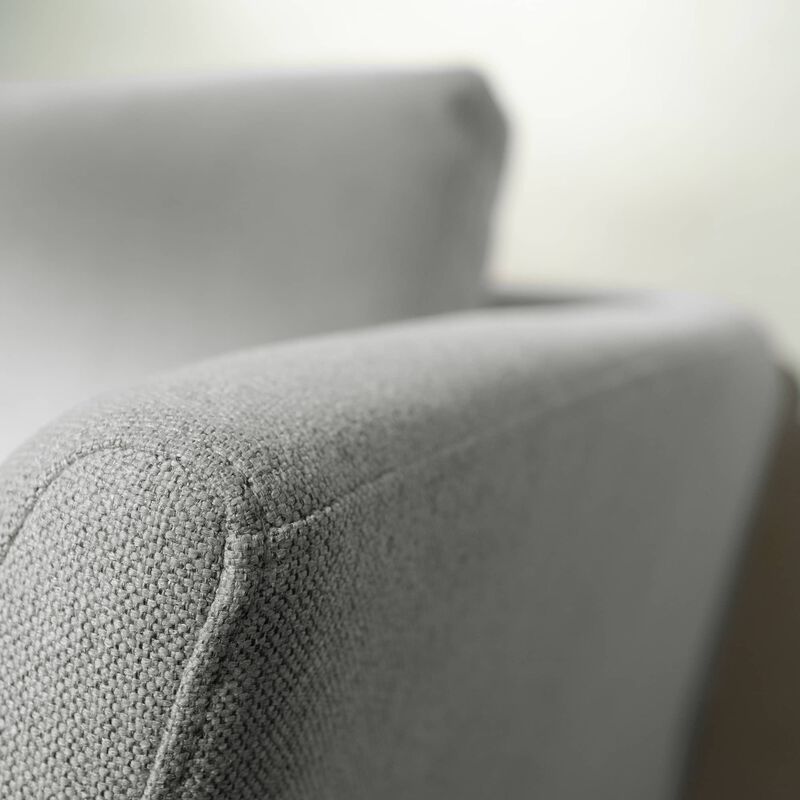 close up view of the contemporary three-seat sofa in silver grey  to show the polyester fabric image number null