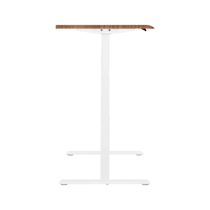 side view of an electric standing desk with a walnut finish top and white legs image number 2