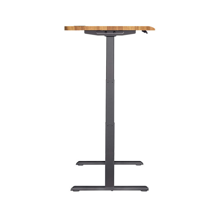 side view of an electric standing desk with a butcher block finish top and slate legs image number 2