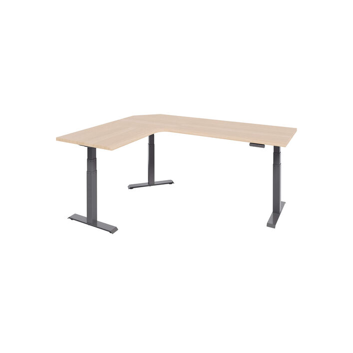 isolated image of a L-shape electric standing desk with a light wood finish top and slate legs image number 1