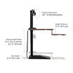 varidesk electric dual monitor converter in walnut has a base height of 2.125 inches and a desktop height range of 4.5 inches to 21.33 inches with a 23 degree angle monitor mount in all directions