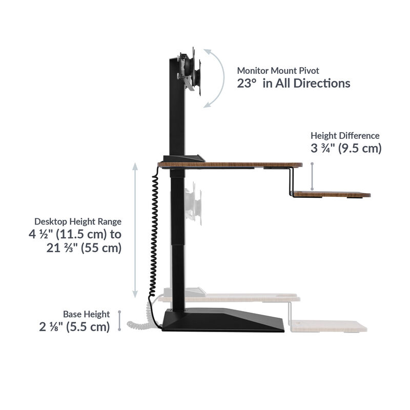 varidesk electric dual monitor converter in walnut has a base height of 2.125 inches and a desktop height range of 4.5 inches to 21.33 inches with a 23 degree angle monitor mount in all directions image number null
