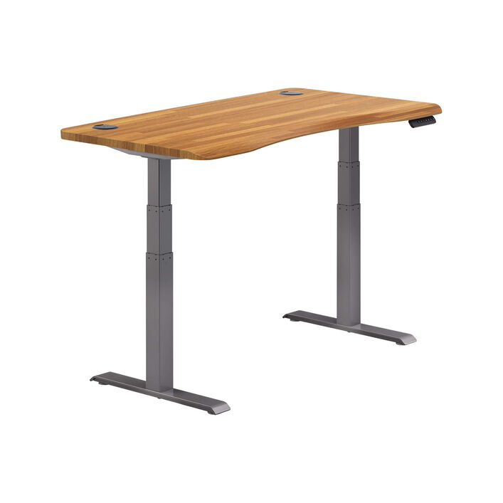 isolated image of a electric standing desk with a butcher block finish top and slate legs image number 1