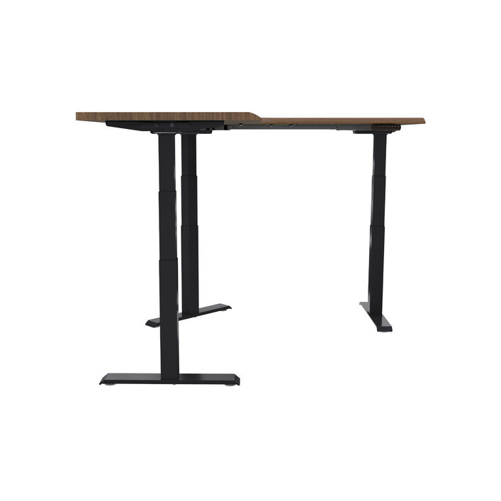 side view walnut top with black legs l shape electric standing desk in front of a white background image number 2